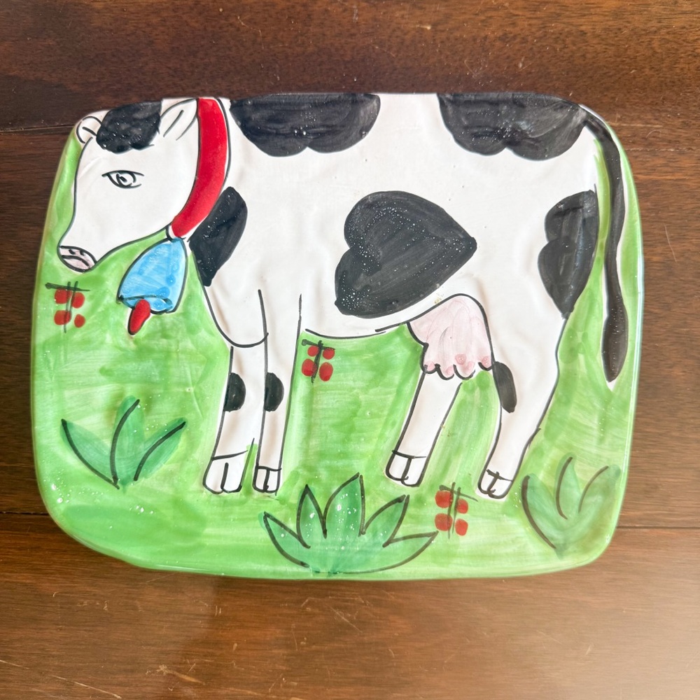 Vintage La Musa Italian Painted Terracotta Ceramic Cow Trivet 9" Farmhouse Decor